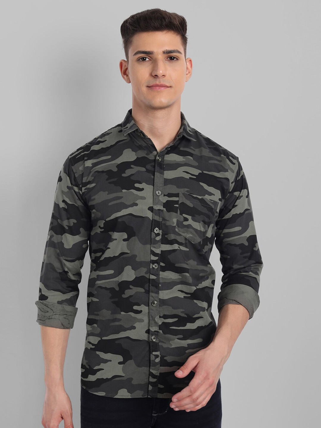 

Majestic Man Men Grey Slim Fit Camouflage Printed Pure Cotton Casual Shirt
