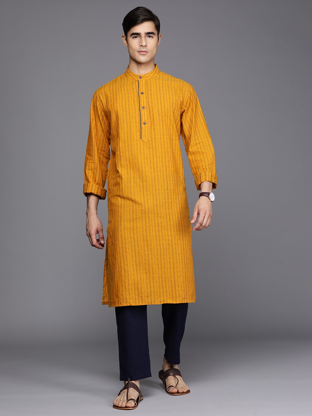 

Fabindia Men Mustard Yellow & Black Pure Cotton Striped Thread Work Kurta