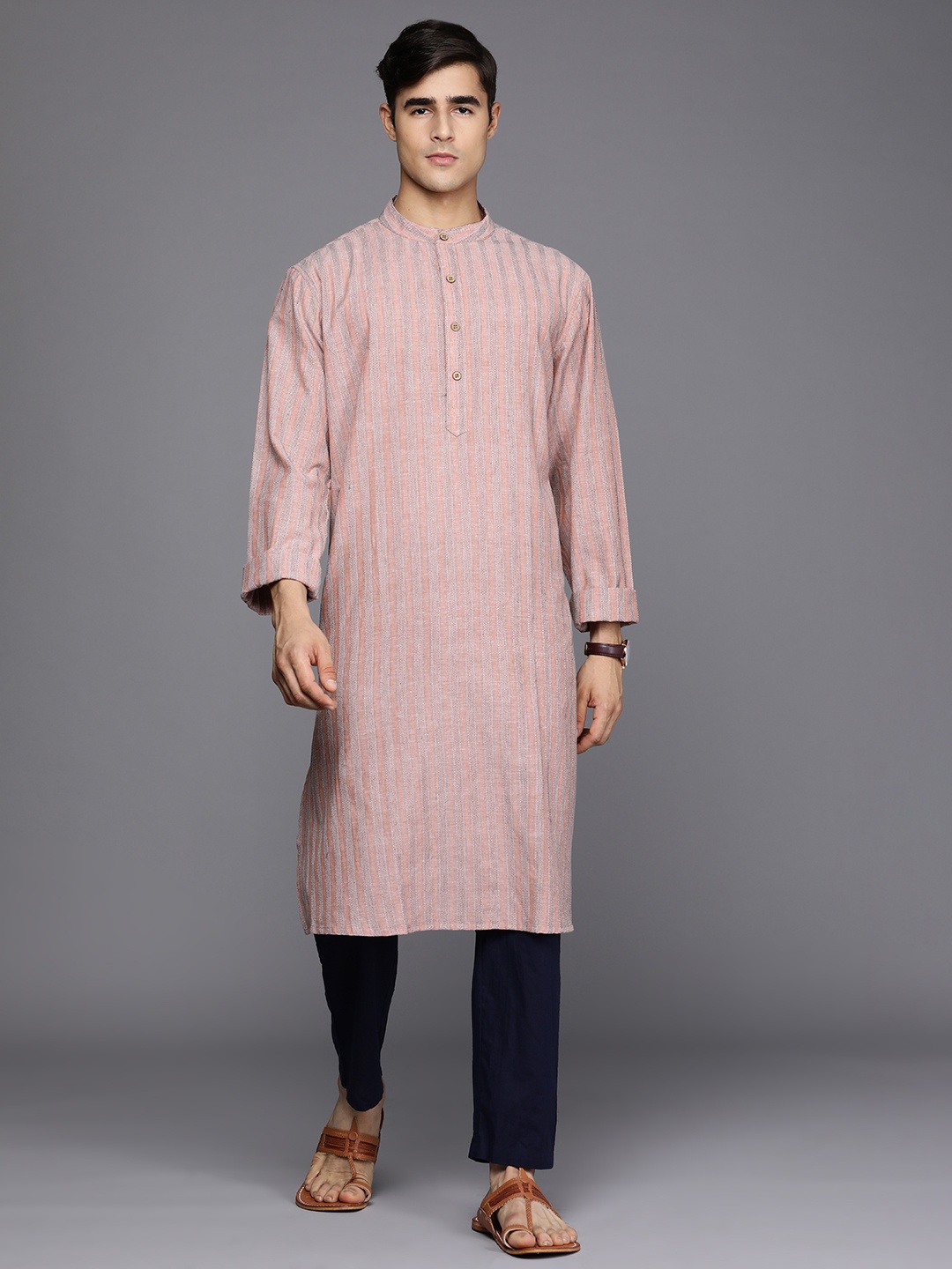 

Fabindia Men Peach-Coloured & Blue Pure Cotton Striped Thread Work Pastels Kurta