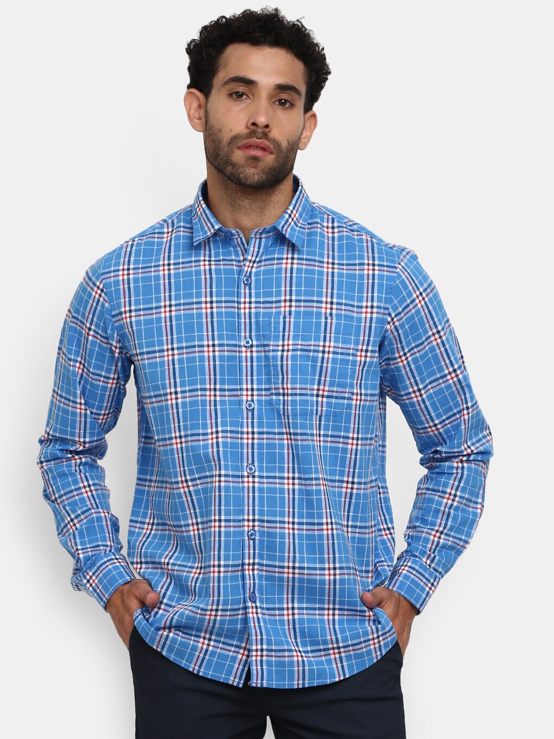 

V-Mart Men Blue Checked Cotton Casual Shirt