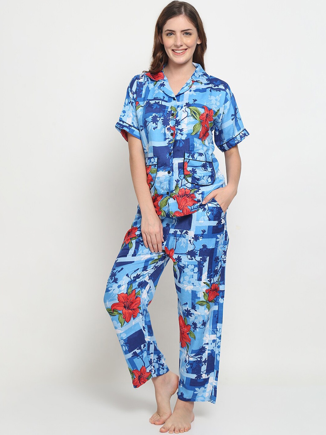 

GRACIT Women Blue Printed Night suit