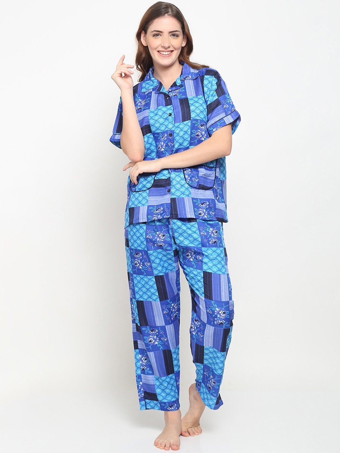 

GRACIT Women Blue & White Printed Night suit