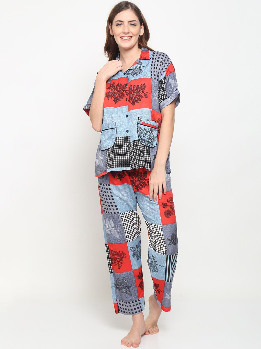 

GRACIT Women Grey & Orange Printed Night suit