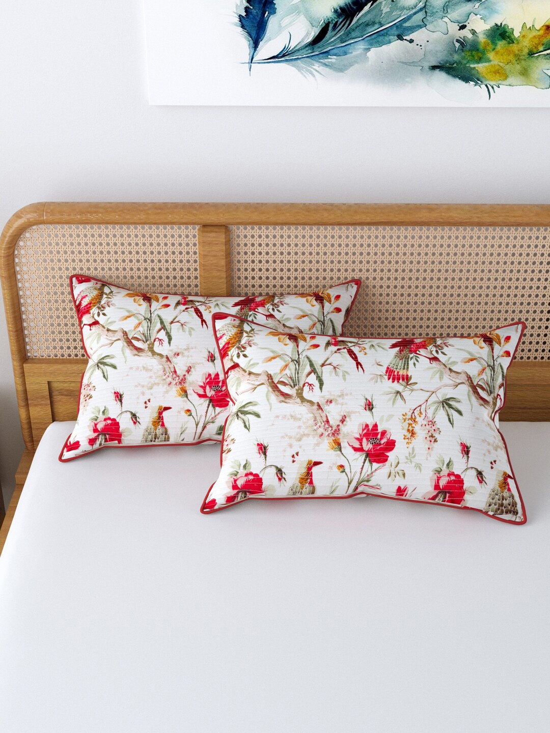 

Clasiko Set Of 2 Red & White Printed 250 TC Pillow Covers