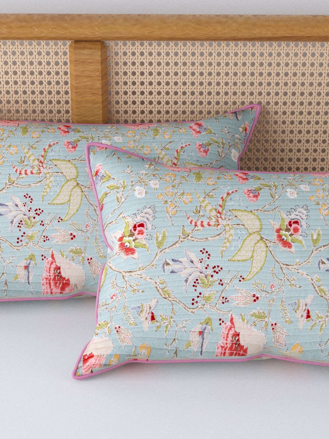 

Clasiko Set Of 2 Teal Blue & Pink Printed 250 TC Cotton Pillow Covers With Piping