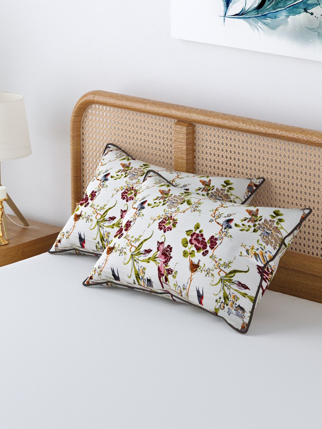 

Clasiko Unisex White & Brown Set of 2 Floral Printed Pillow Covers