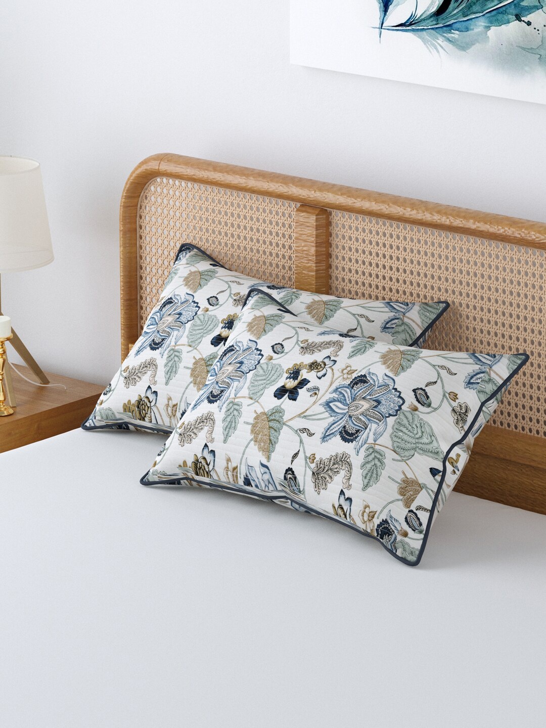 

Clasiko Set of 2 White & Green Printed Cotton 250 TC Pillow Covers