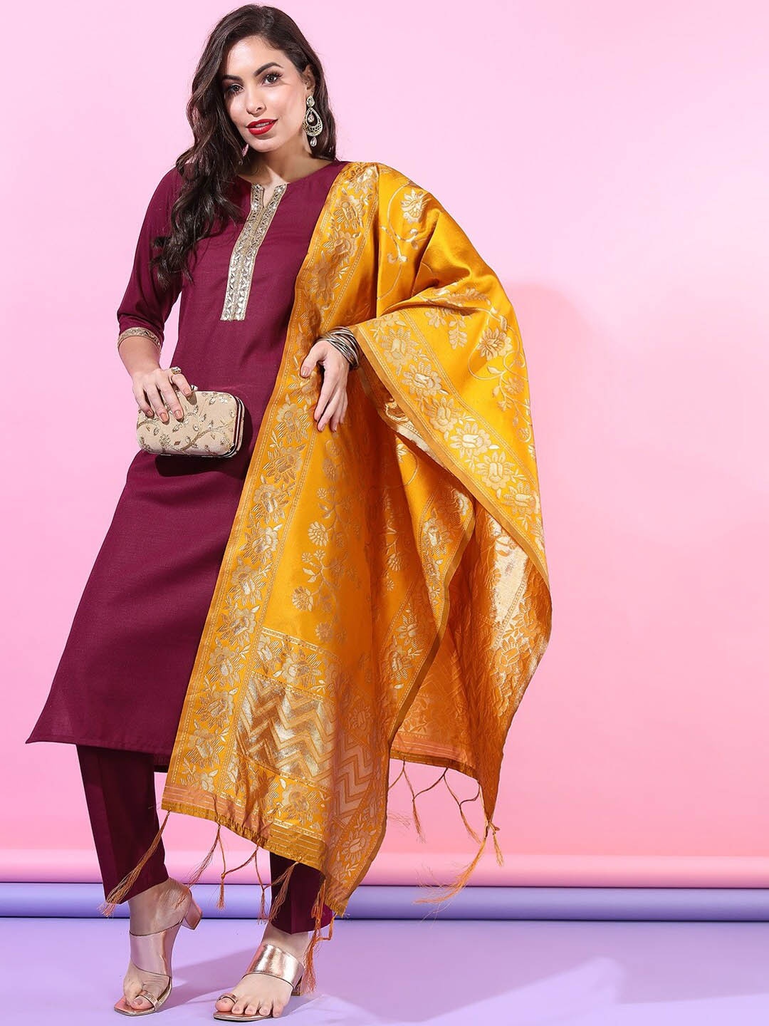 

Vishudh Women Maroon Kurta with Trousers & With Dupatta