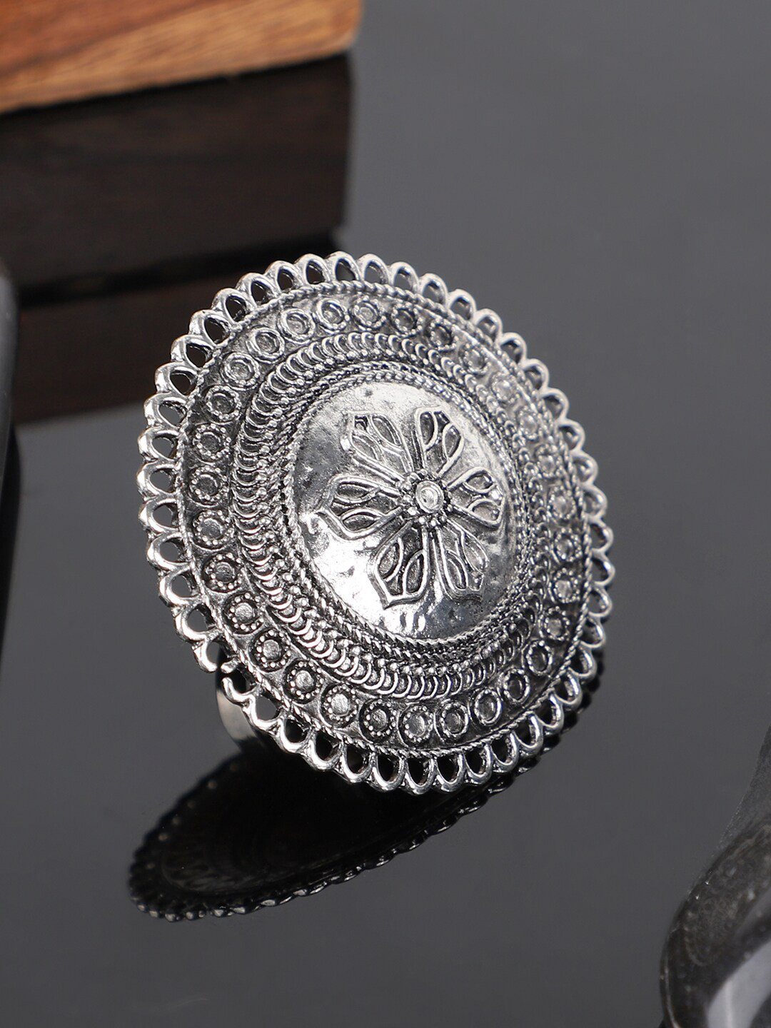 

Bhana Fashion Silver-Plated Silver-Toned Oxidized Adjustable Finger Ring