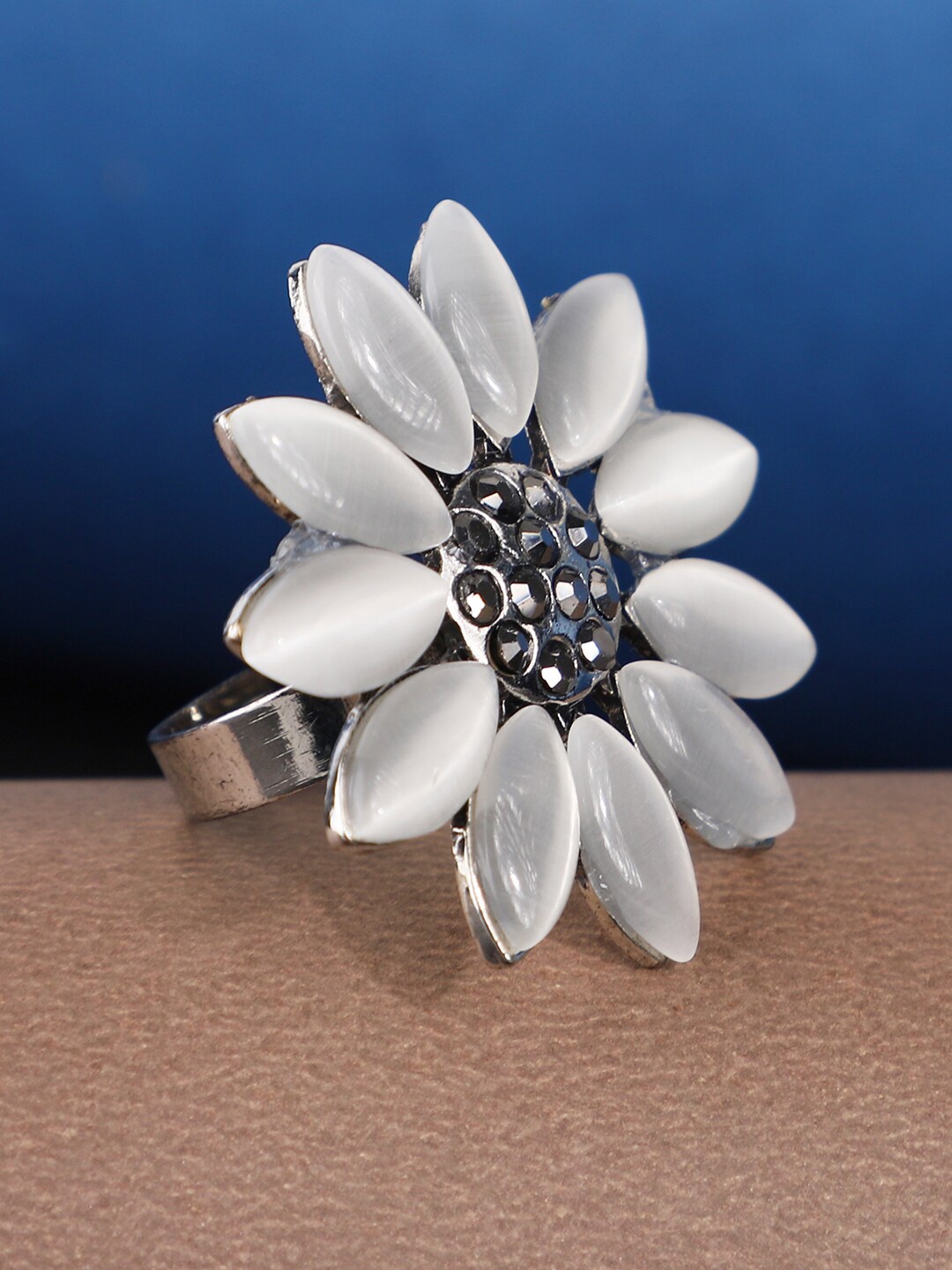 

Bhana Fashion Oxidised Silver-Plated White CZ Studded Floral Shaped Adjustable Ring