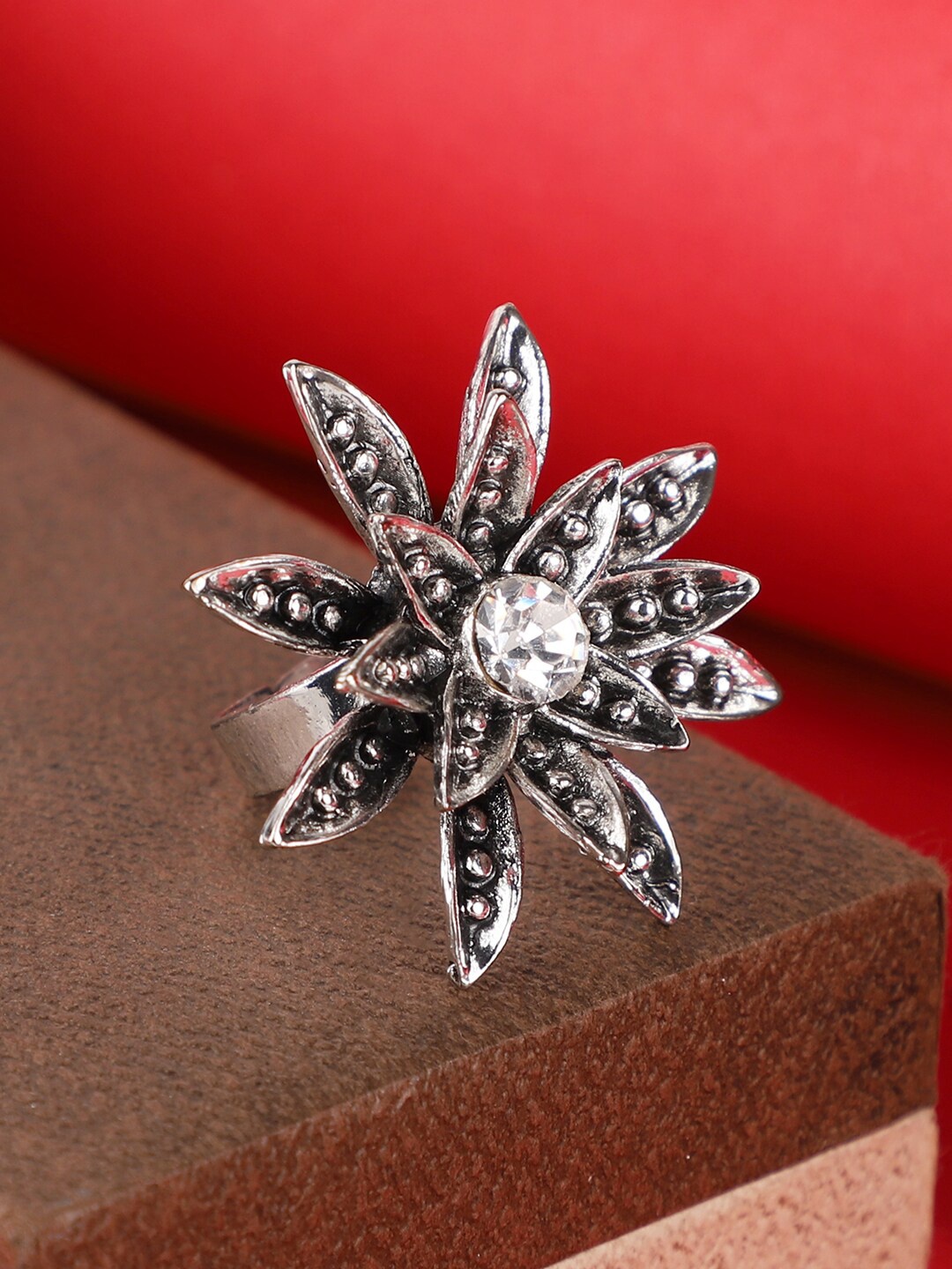 

Bhana Fashion Silver-Plated Silver-Toned CZ Studded Oxidized Adjustable Finger Ring