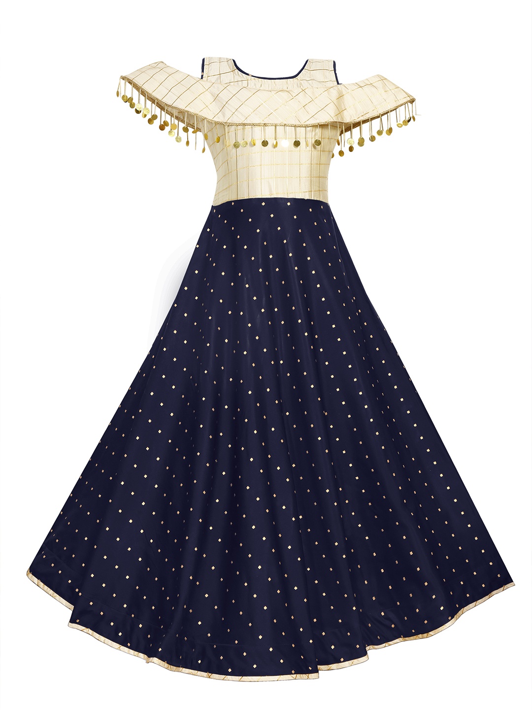

White World Navy Blue & Gold-Toned Satin Ethnic Maxi Dress