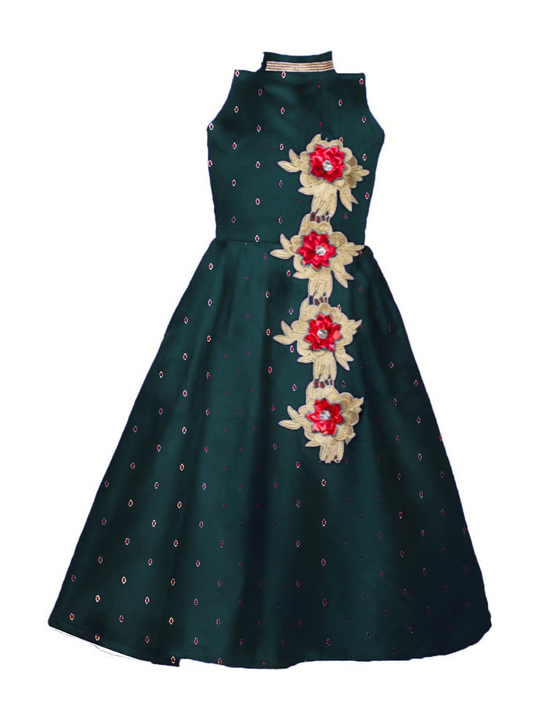 

White World Girls Green Embellished Jacquard Fit & Flare Dress