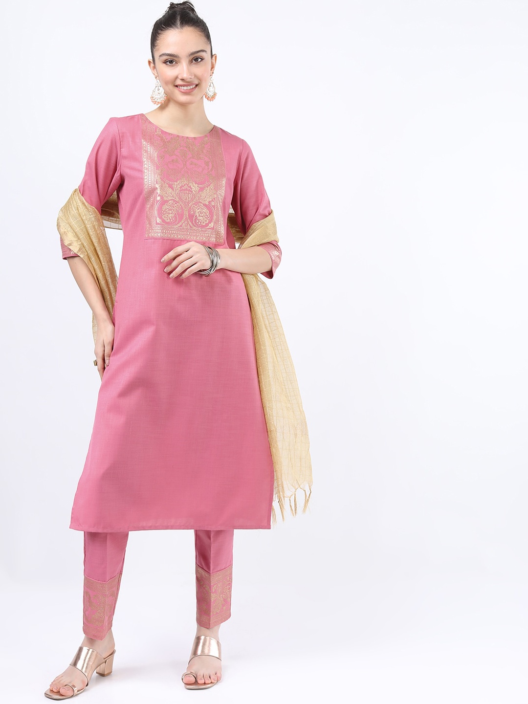 

Vishudh Women Pink Ethnic Motifs Yoke Design Kurta with Trousers & With Dupatta