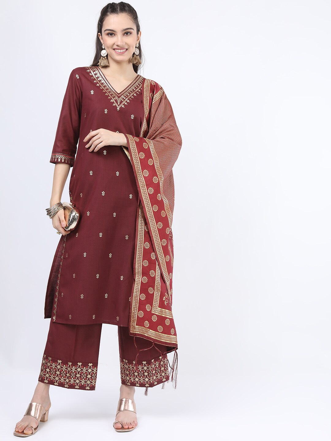

Vishudh Women Burgundy Ethnic Motifs Kurta with Palazzos & With Dupatta