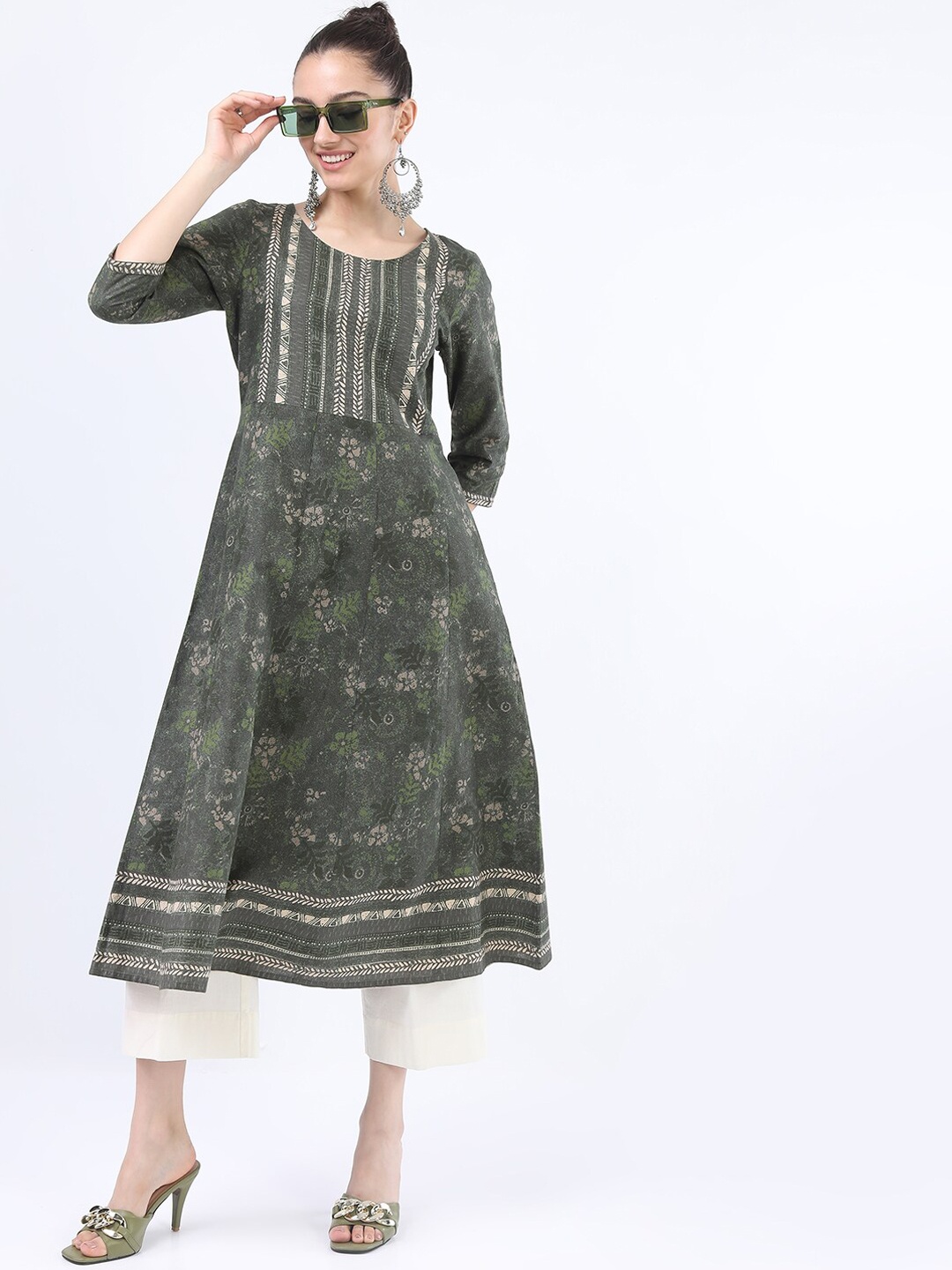 

Vishudh Women Olive Green A-line Kurta