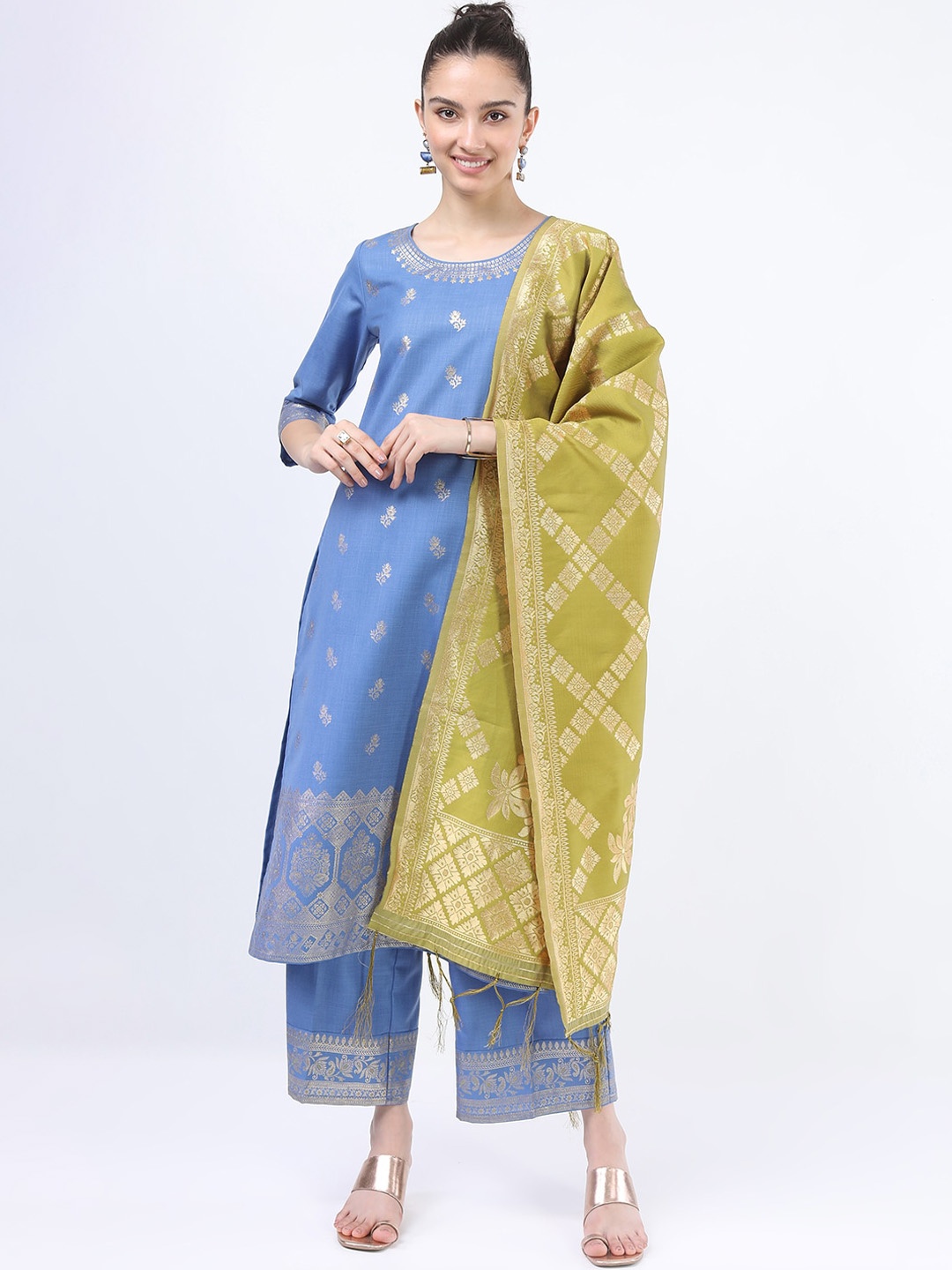 

Vishudh Women Blue Ethnic Motifs Printed Kurta with Palazzos & With Dupatta