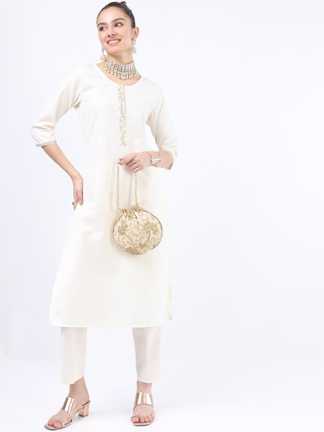

Vishudh Women Cream-Coloured Kurta with Trousers