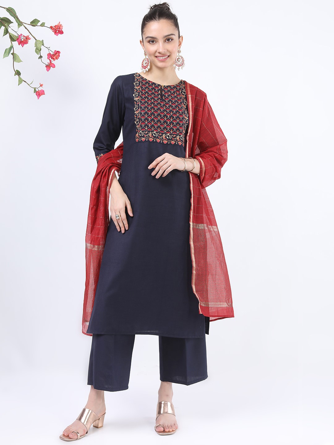 

Vishudh Women Navy Blue Embroidered Kurta with Trousers & With Dupatta