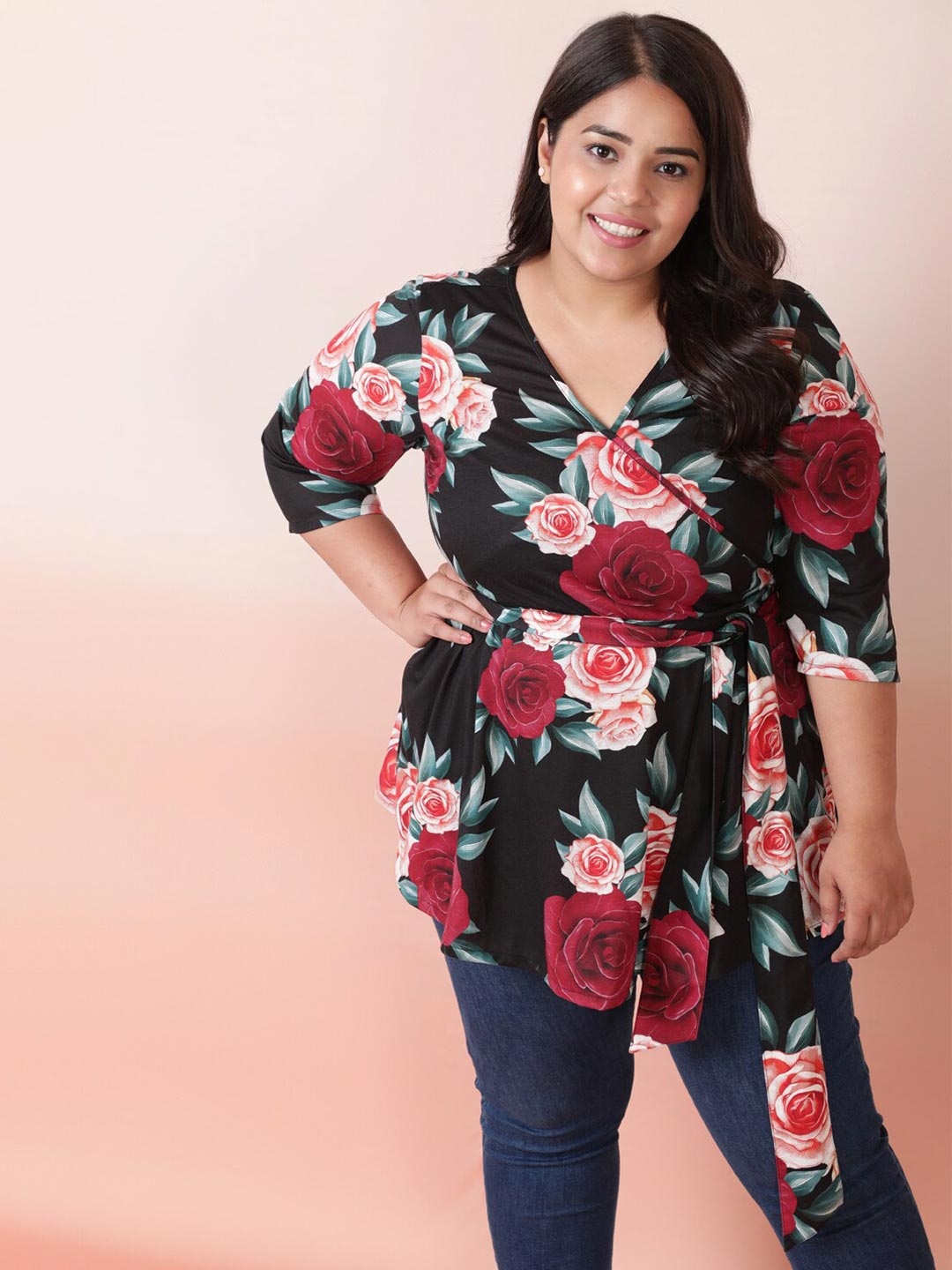 

Amydus Women Black Floral Print Wrap Top