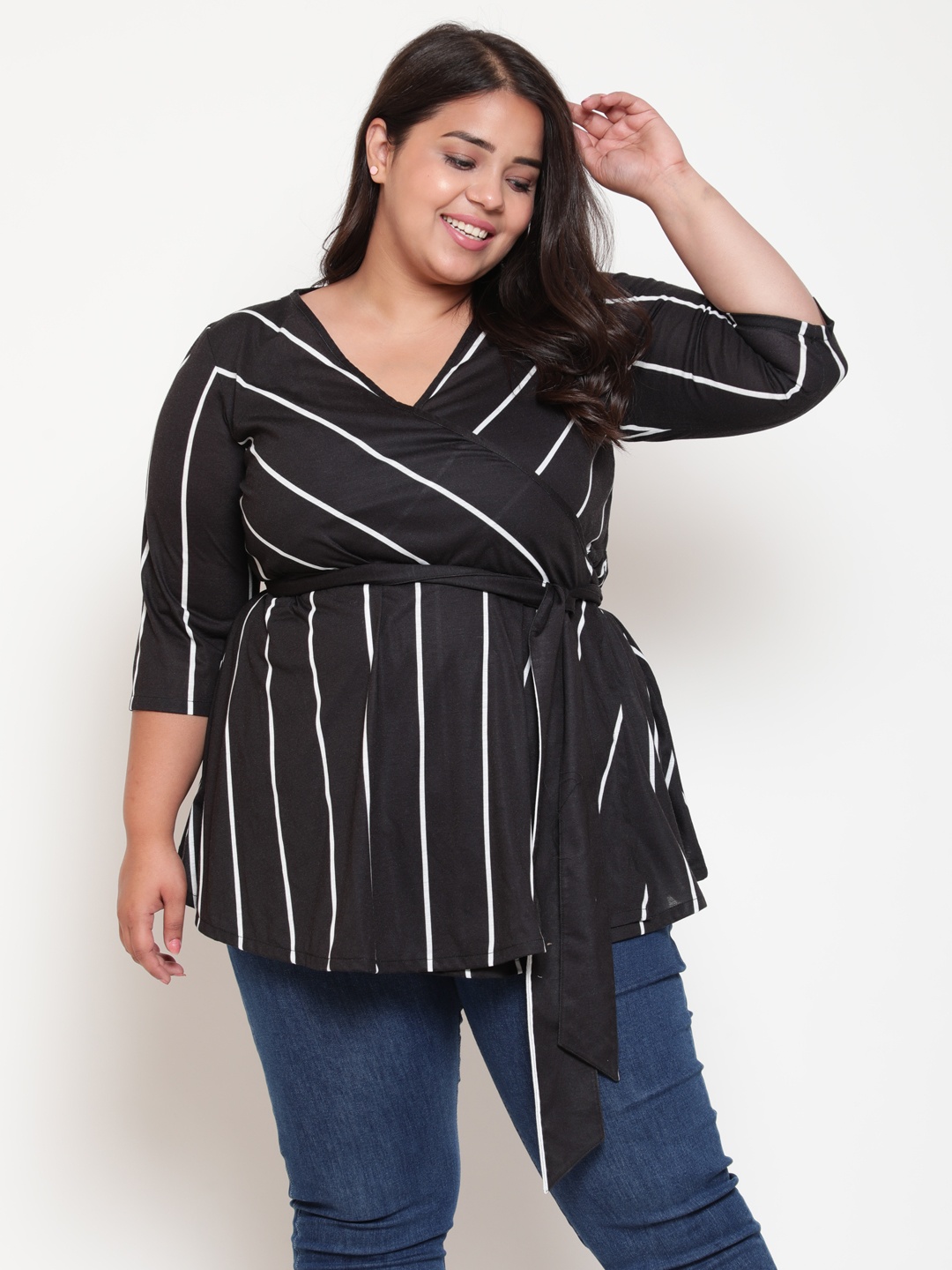 

Amydus Plus Women Black Striped Wrap Top