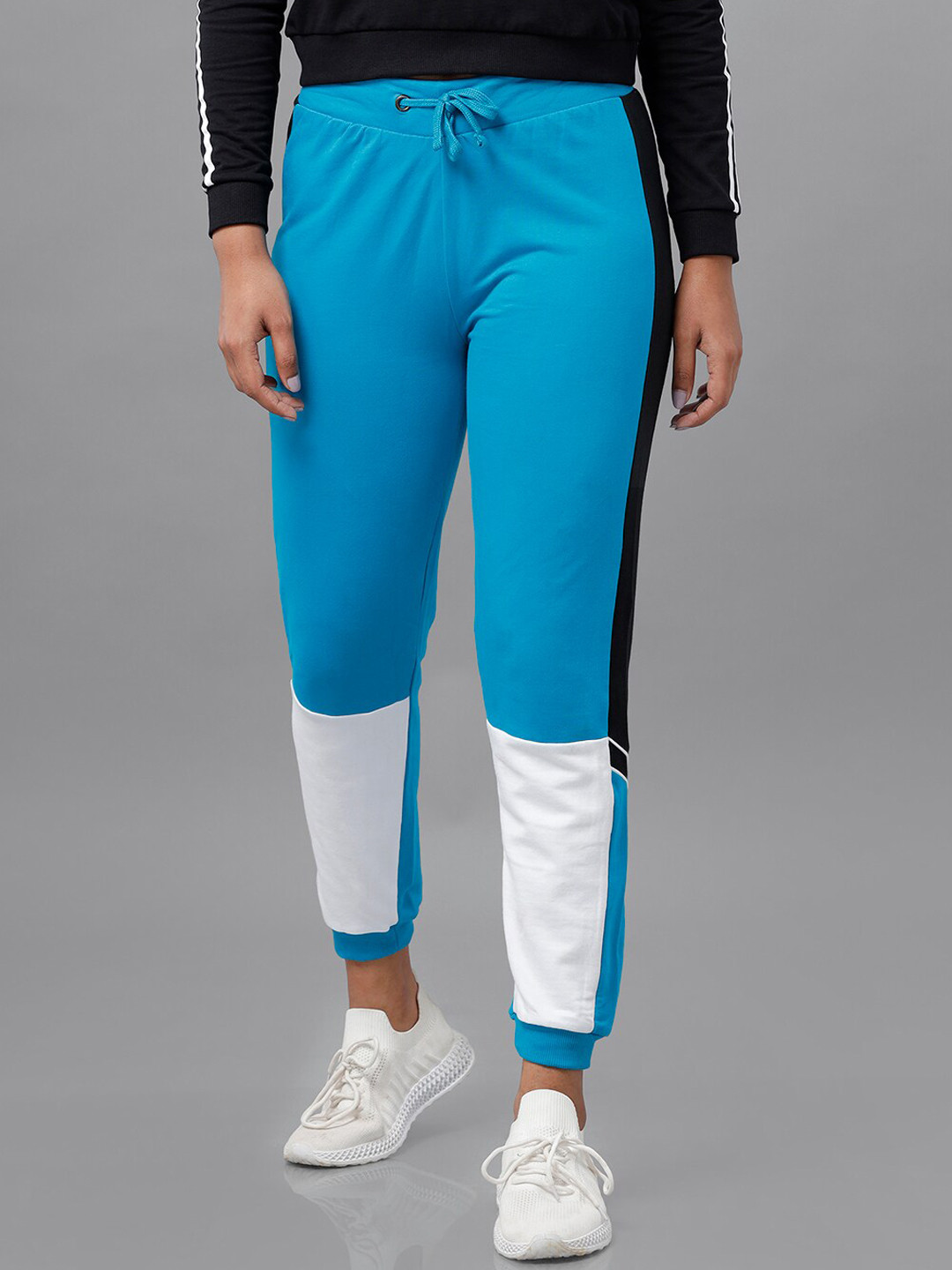 

De Moza Women Blue & White Colourblocked Cotton Solid Joggers