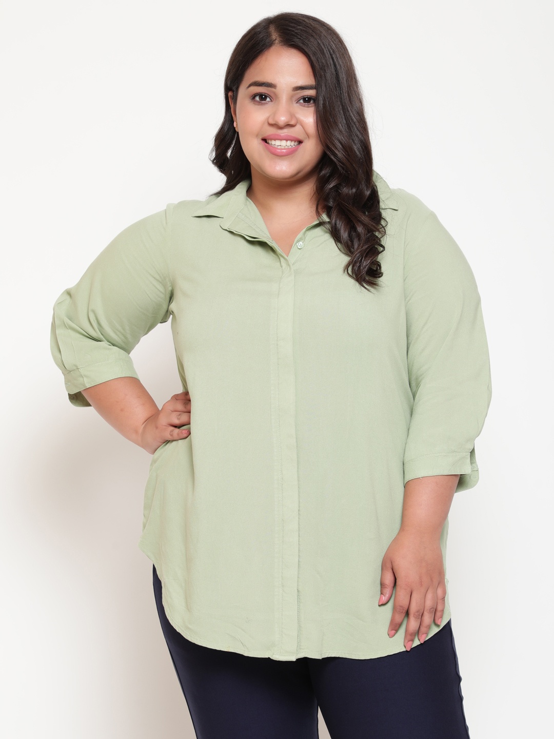 

Amydus Plus Size Roll-Up Sleeves Shirt Style Top, Green