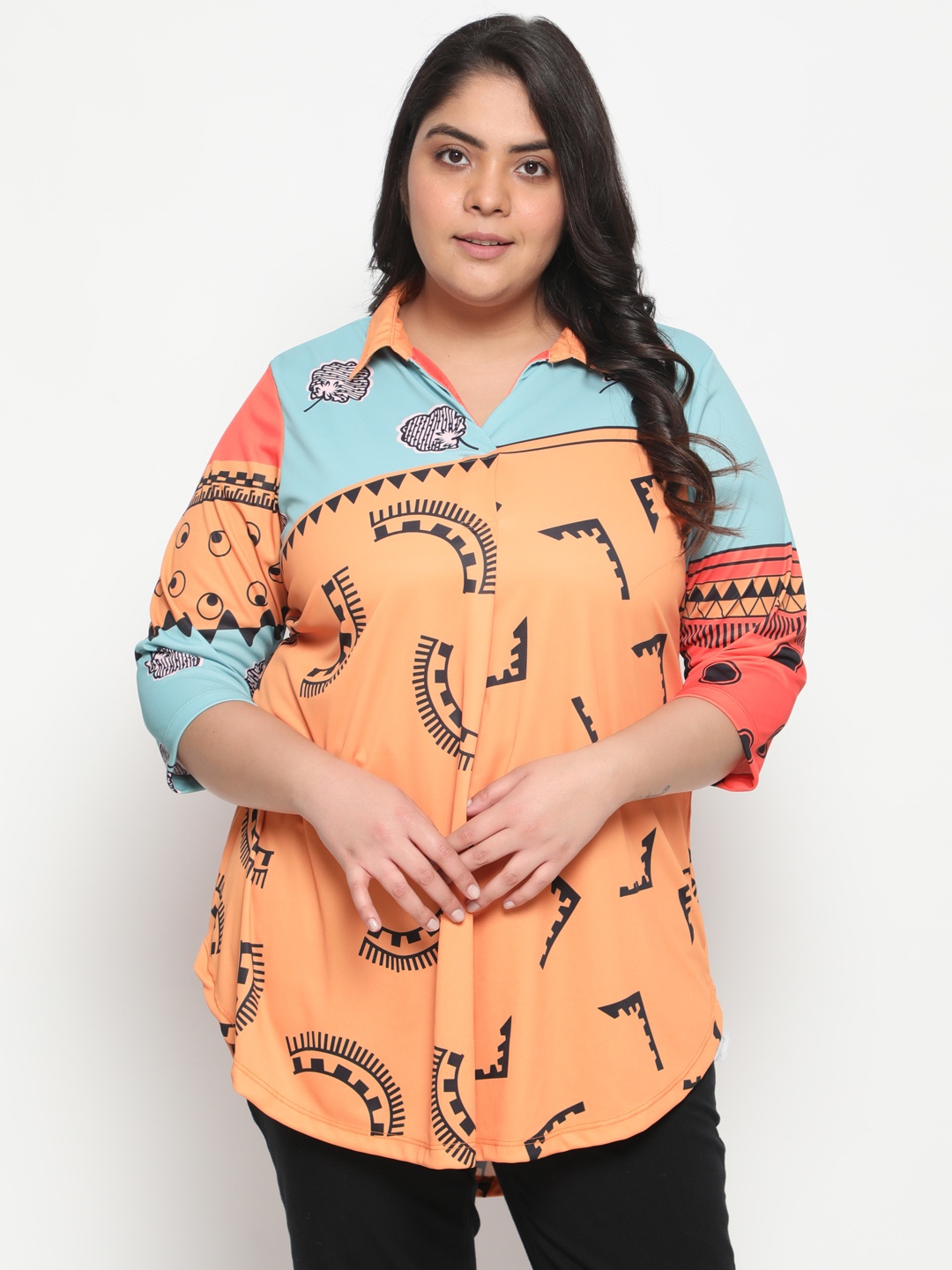 

Amydus Women Plus Size Printed Casual Shirt, Orange