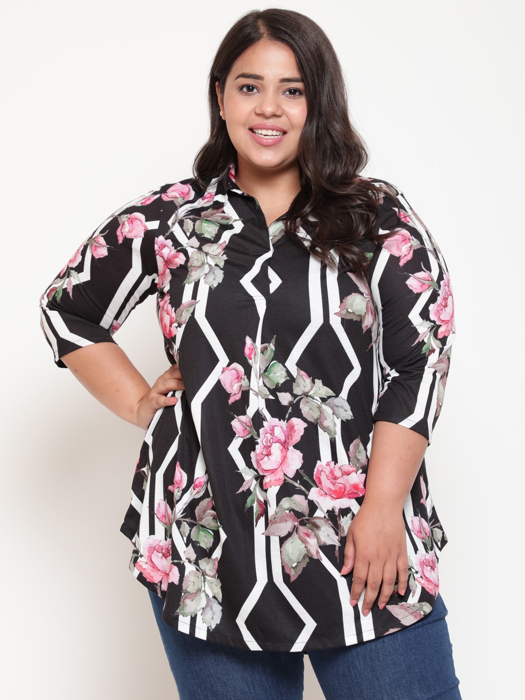 

Amydus Women Plus Size Floral Printed Casual Shirt, Black
