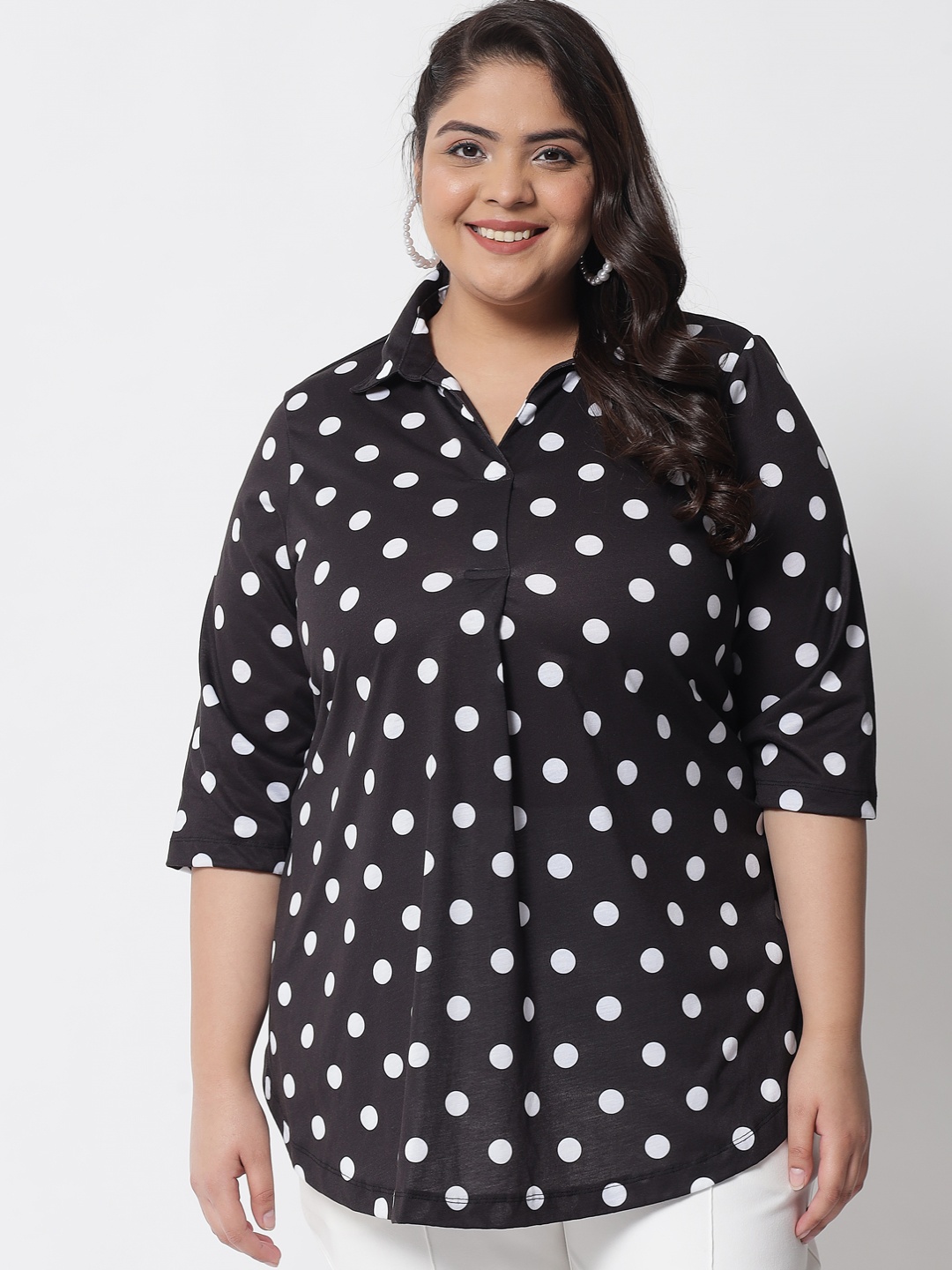 

Amydus Plus Size Black White Print Shirt Style Top