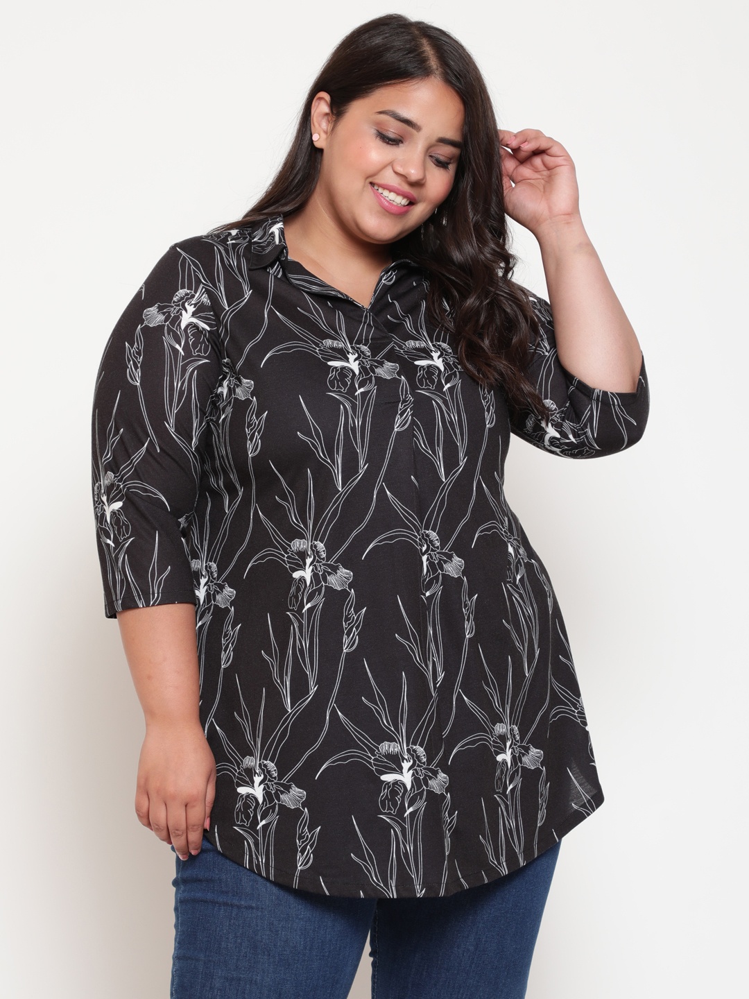 

Amydus Women Plus Size Floral Printed Casual Shirt, Black