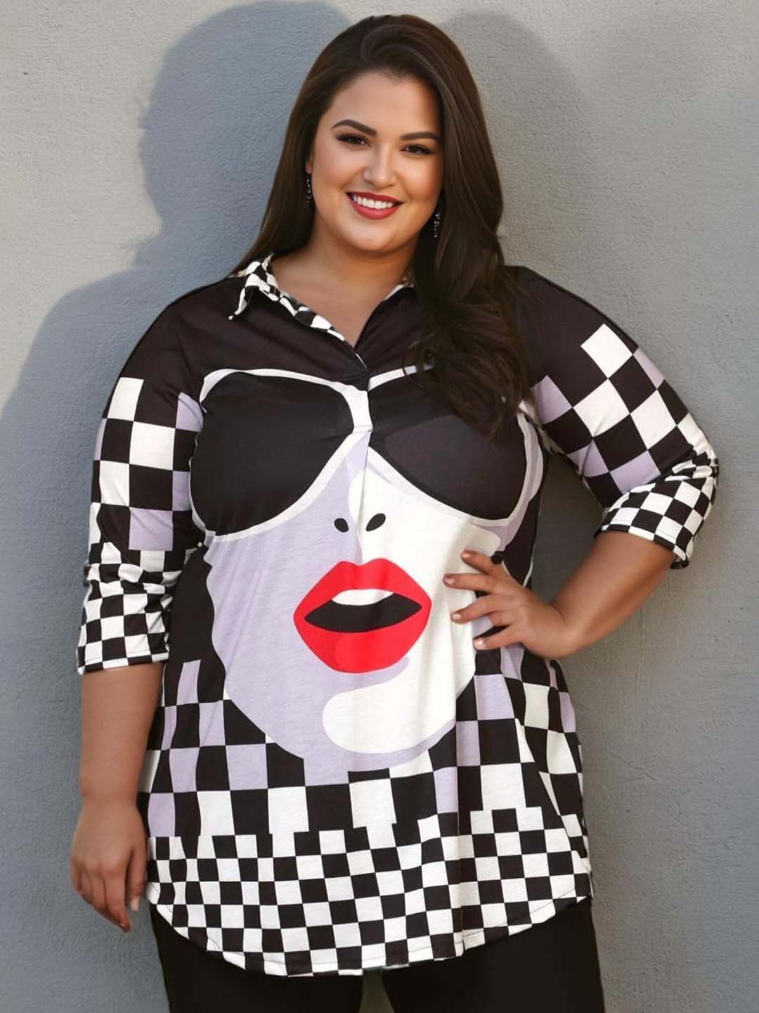 

Amydus Plus Size Print Shirt Style Top, Black
