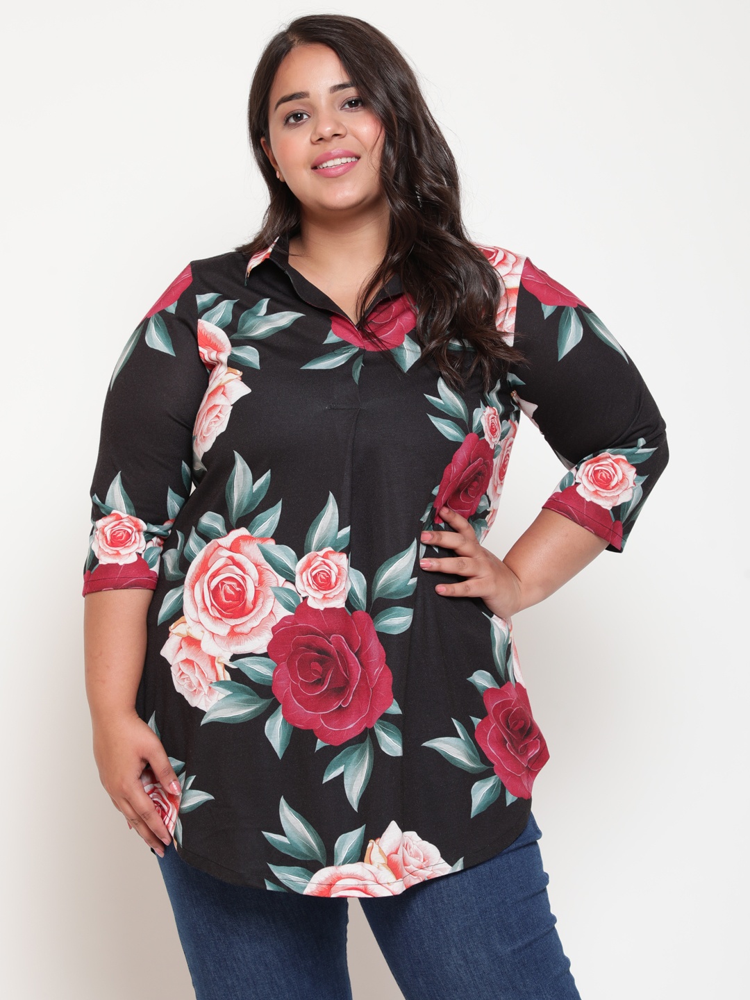 

Amydus Women Plus Size Floral Printed Casual Shirt, Black