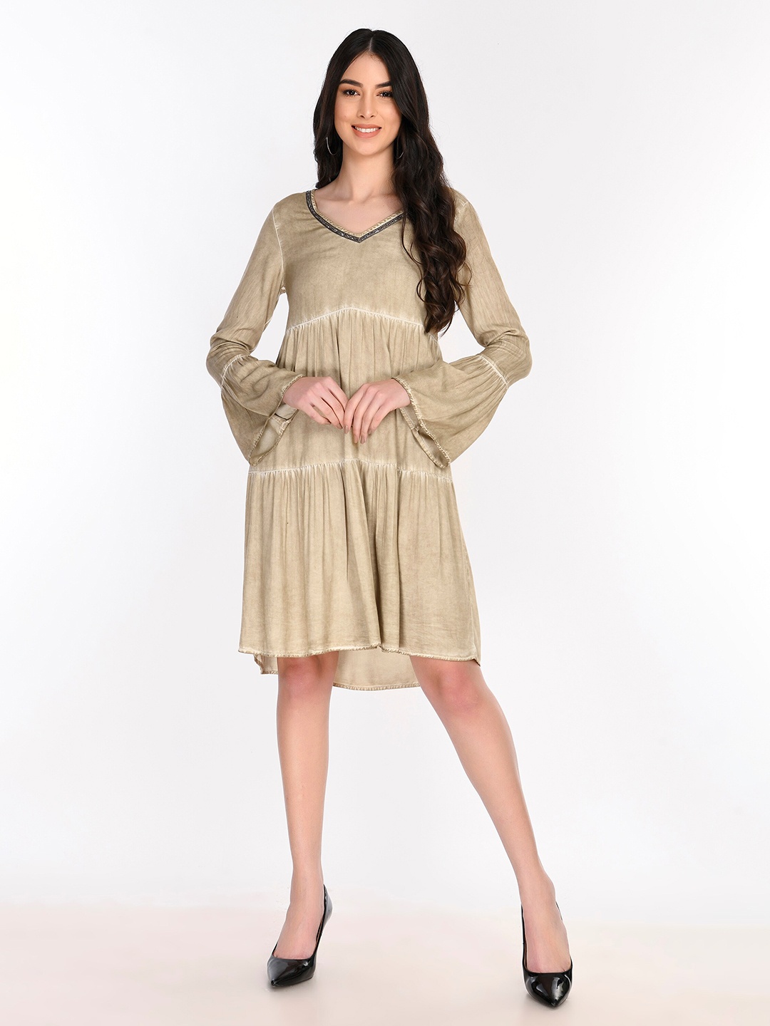 

DOLSU Beige Women's V-neck A-line Tiered Dress