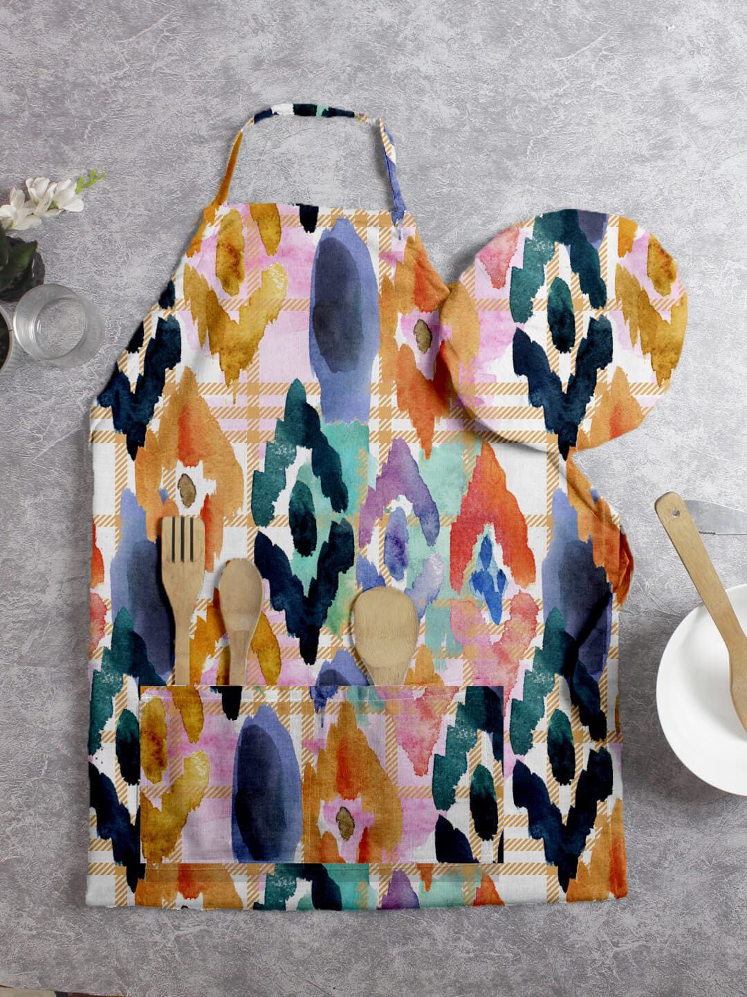 

HOUZZCODE Set of 2 Blue & Orange Printed Apron & Cap
