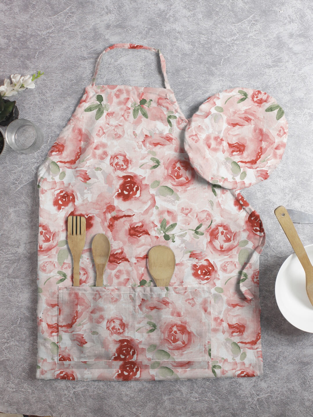 

HOUZZCODE Orange Floral Printed Apron & Cap