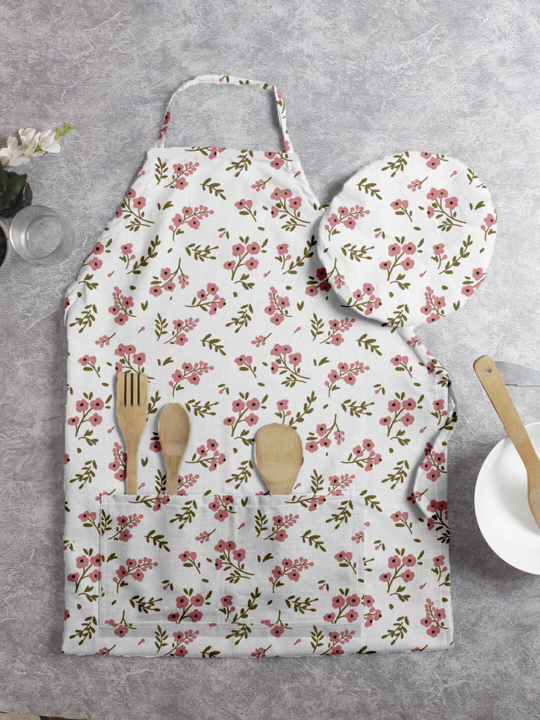 

HOUZZCODE White & Maroon Printed Apron With Cap