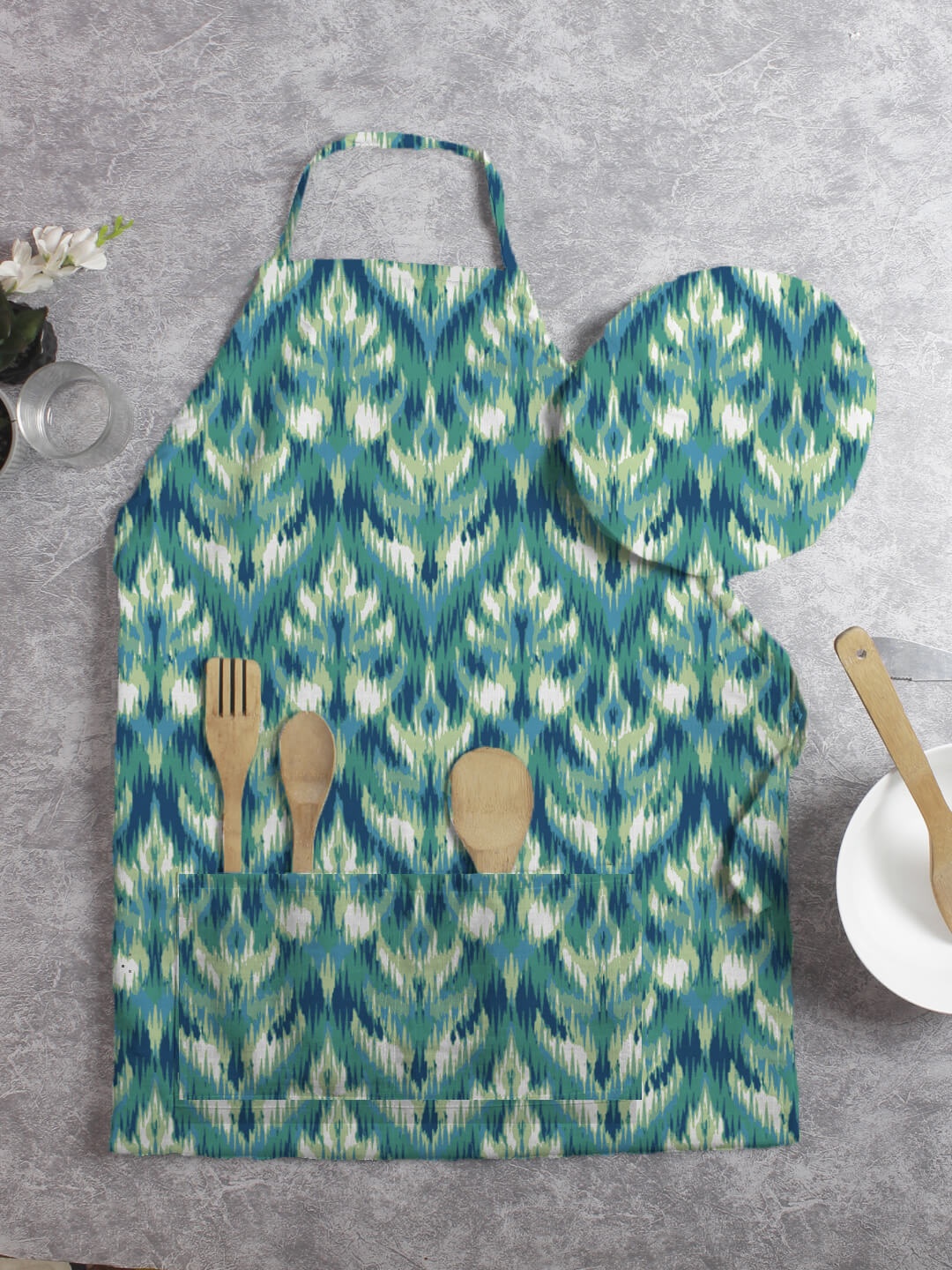 

HOUZZCODE Set of 2 Sea Green Printed Apron & Cap