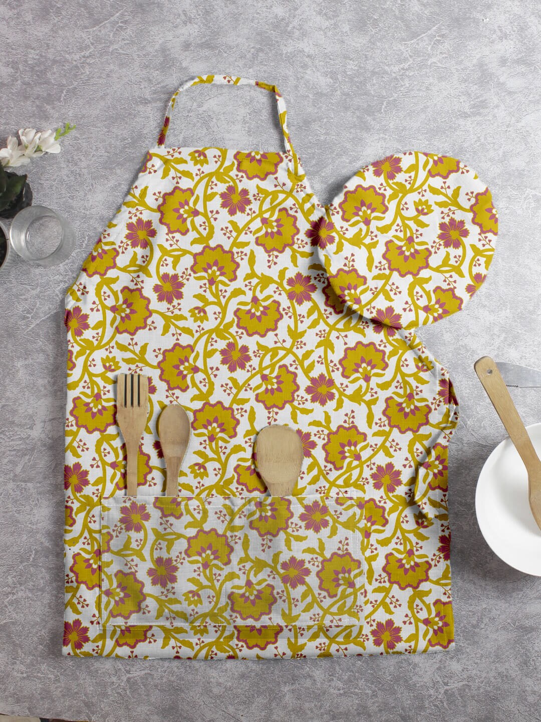 

HOUZZCODE Yellow Floral Printed Apron With Cap