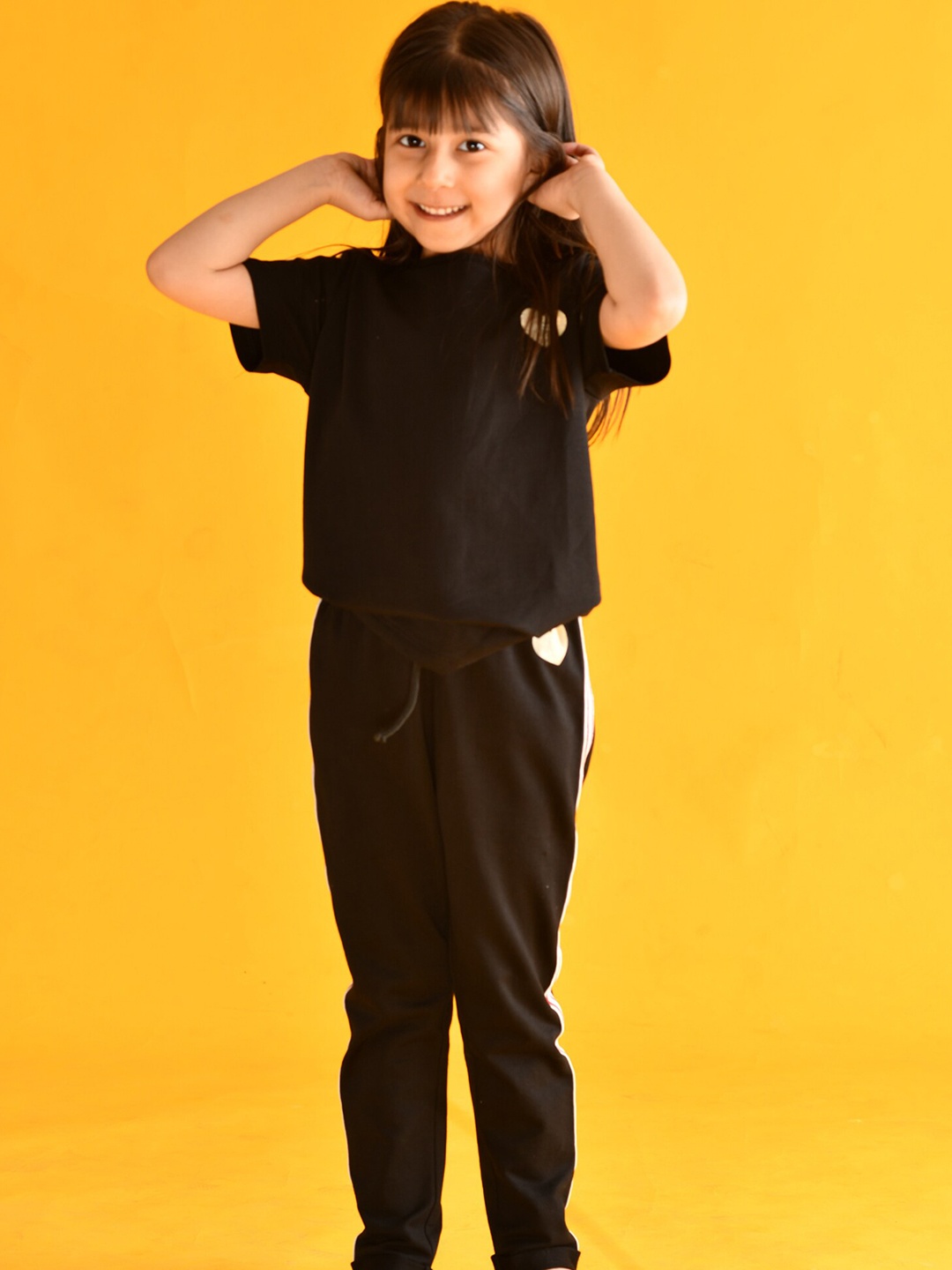 

Anthrilo Girls Cotton Terry Heart Printed T-shirt with Trousers, Black