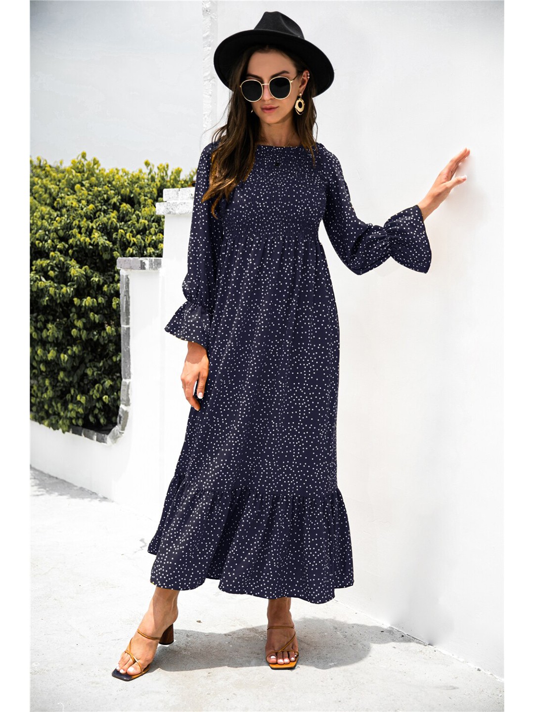 

BoStreet Women Navy Blue Bell Sleeve Polka Dot Printed Maxi Dress