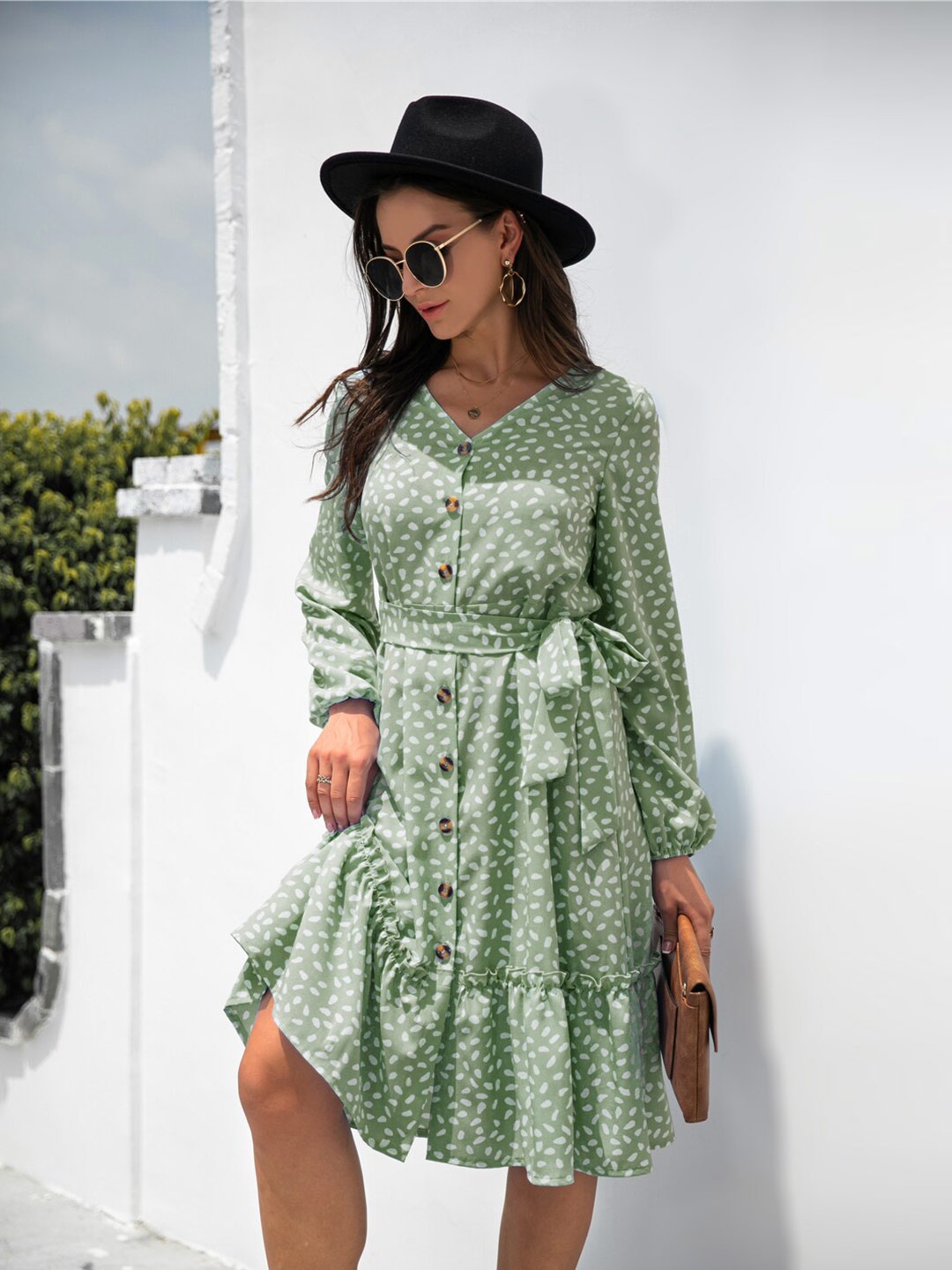 

BoStreet Green Printed Button Down Fit and Flare Dress