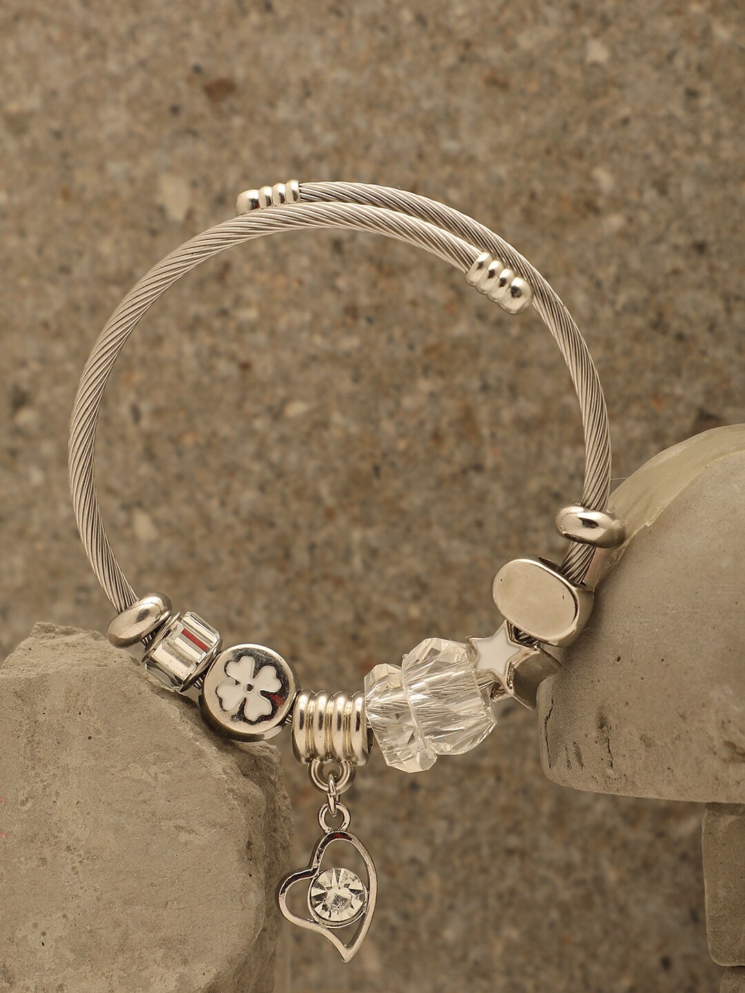 

SOHI Women Silver-Toned & White Silver-Plated Cuff Bracelet