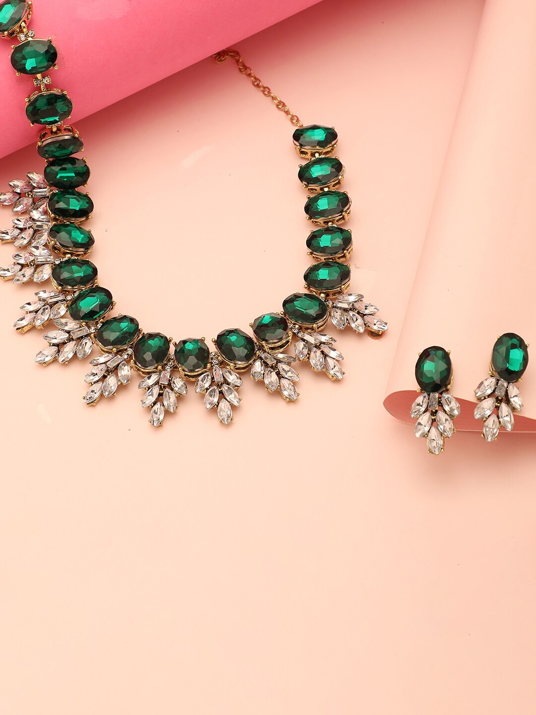 

SOHI Gold-Plated Green & White Stone Studded Jewellery Set