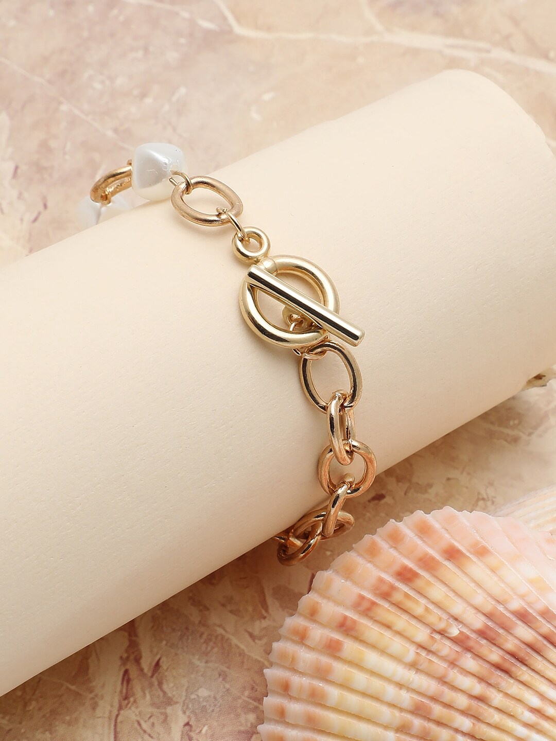 

SOHI Women Gold & White Pearls Gold-Plated Link Bracelet