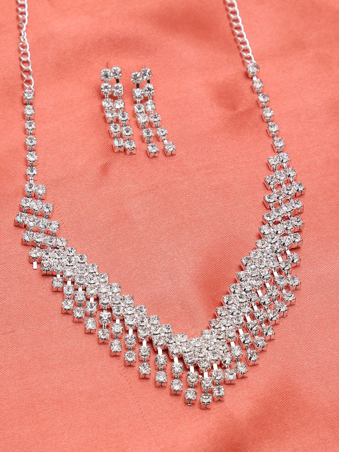 

SOHI Women Silver Plated American Diamond Necklace and Earring Set