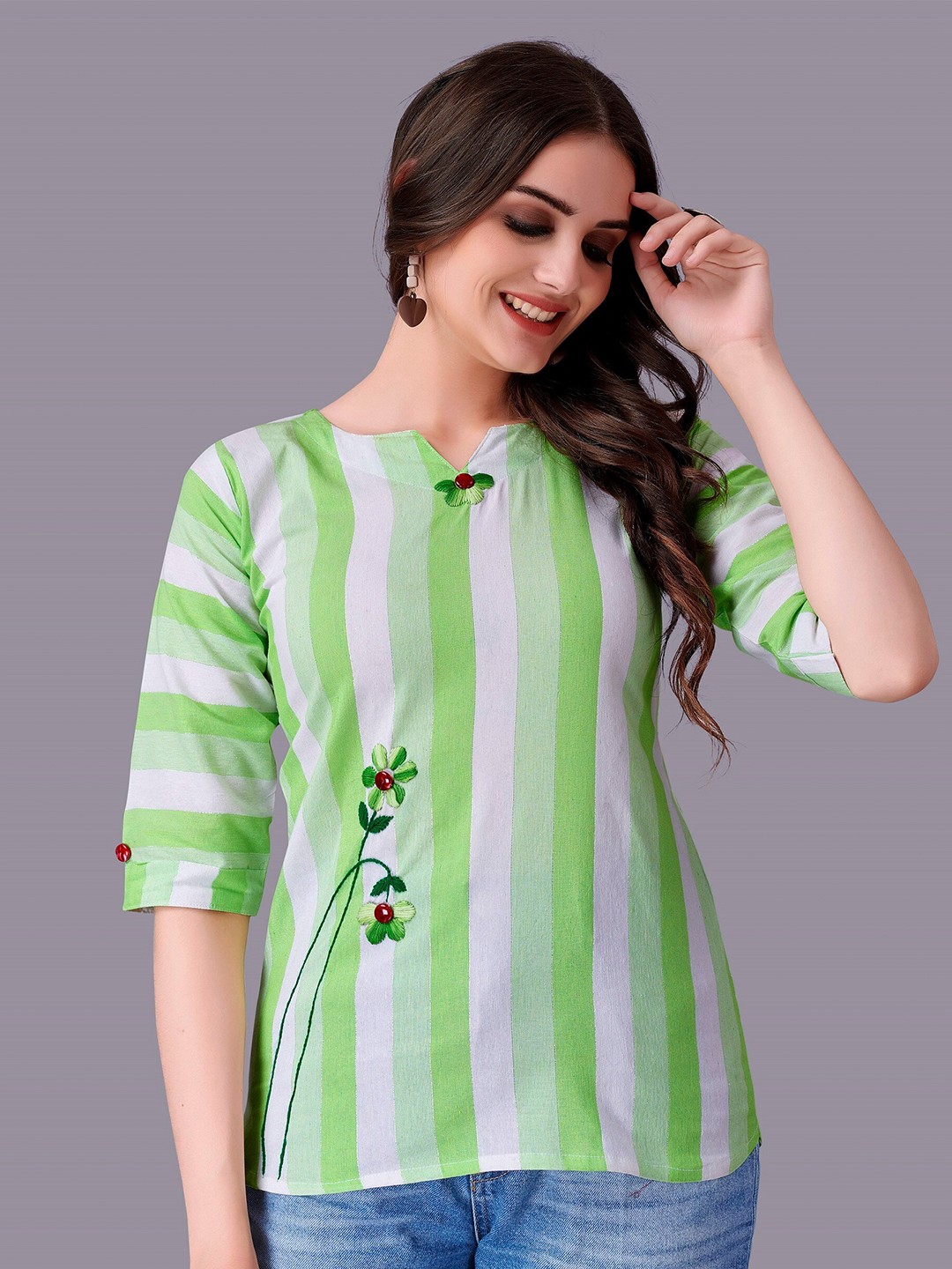 

Fashion FRICKS Green Striped Embroidered Top