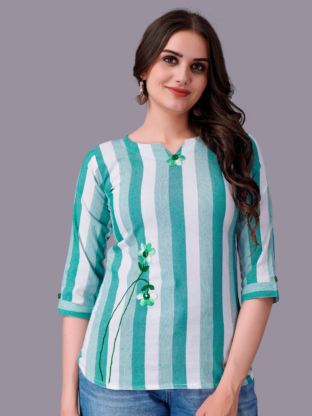 

Fashion FRICKS Blue Striped Embroidered Top