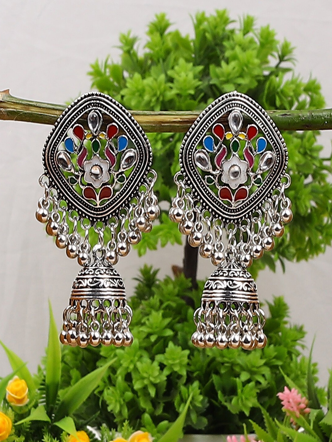 

Jewelz Maroon & Blue Floral Silver-Plated Jhumkas Earrings