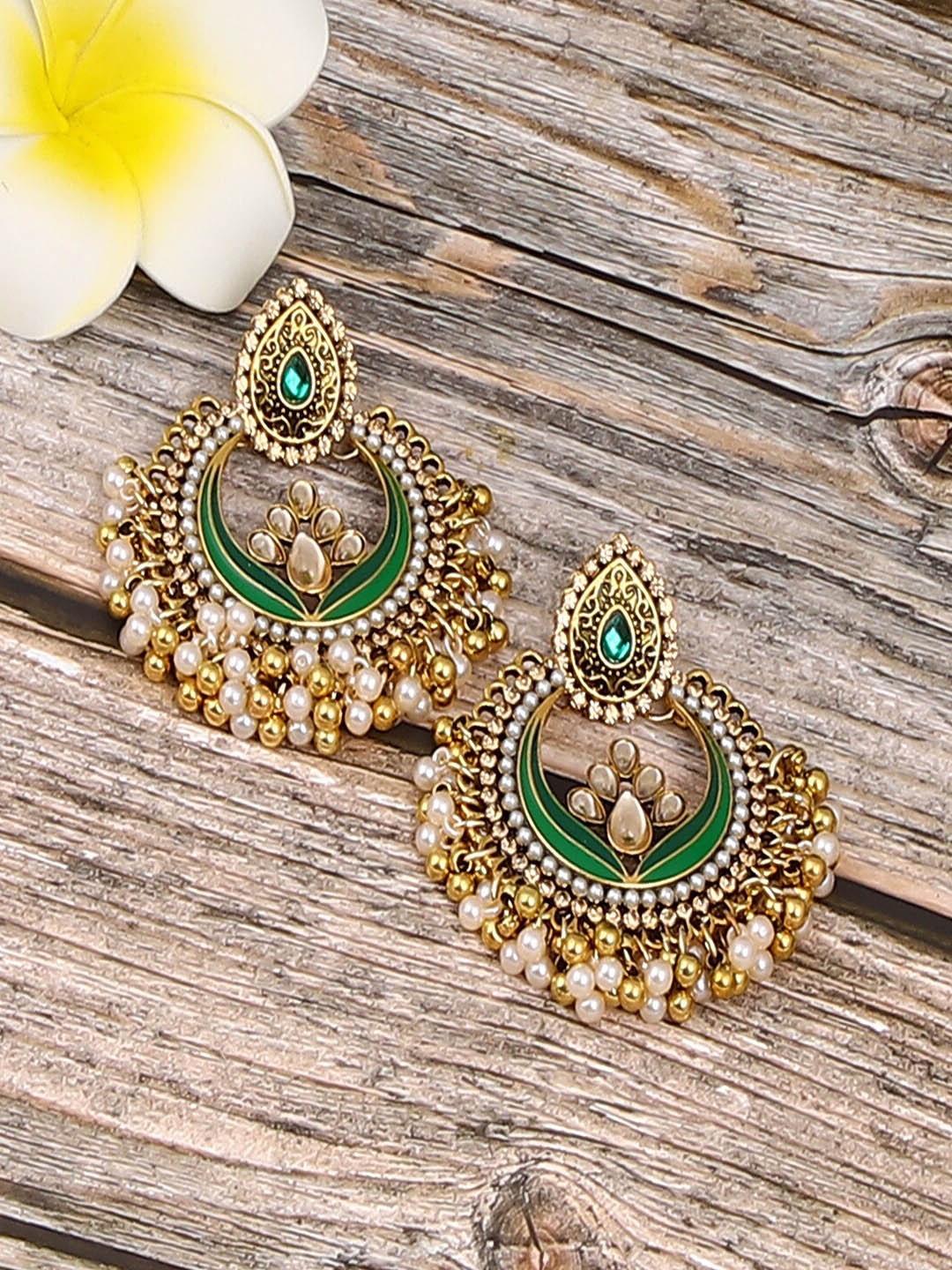 

Jewelz Green & Cream Gold-Plated Contemporary Chandbalis Earrings